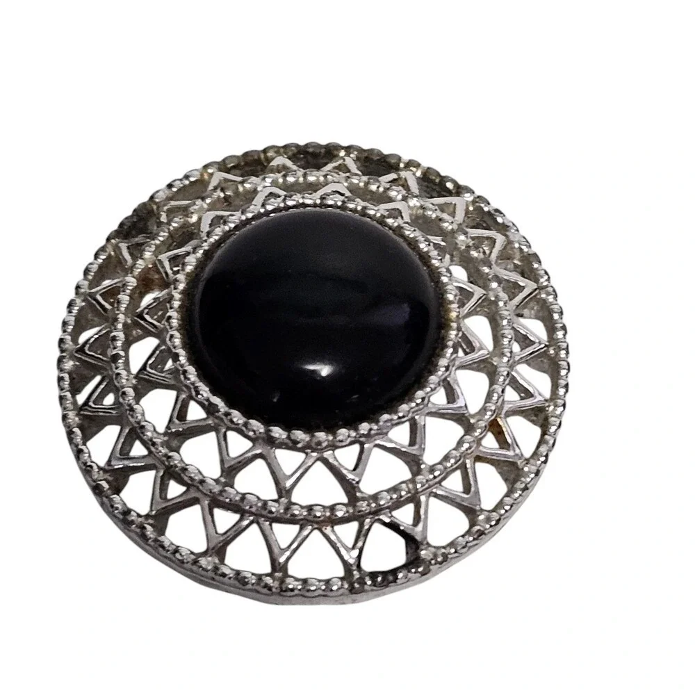 Sarah Coventry Vintage Brooch Pin Black Cabochon Round Silver Tone Costume‎